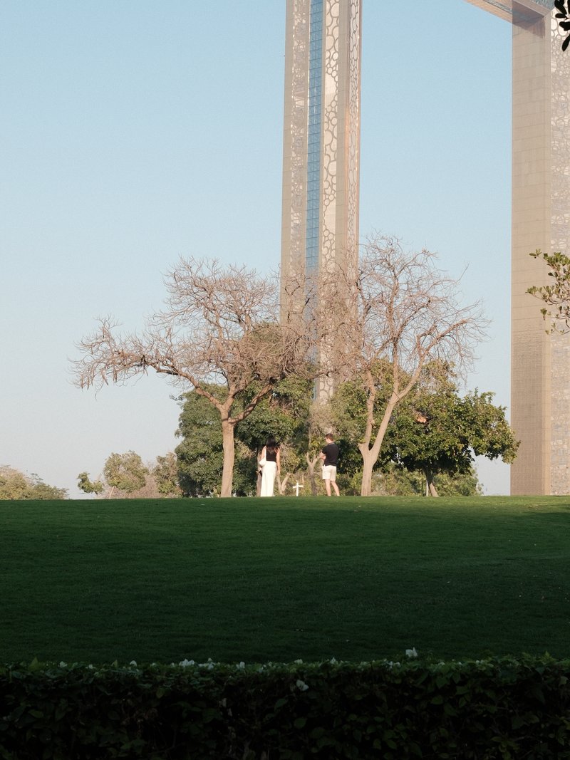 A couple standing under a tree near a tall structure on a green lawn.