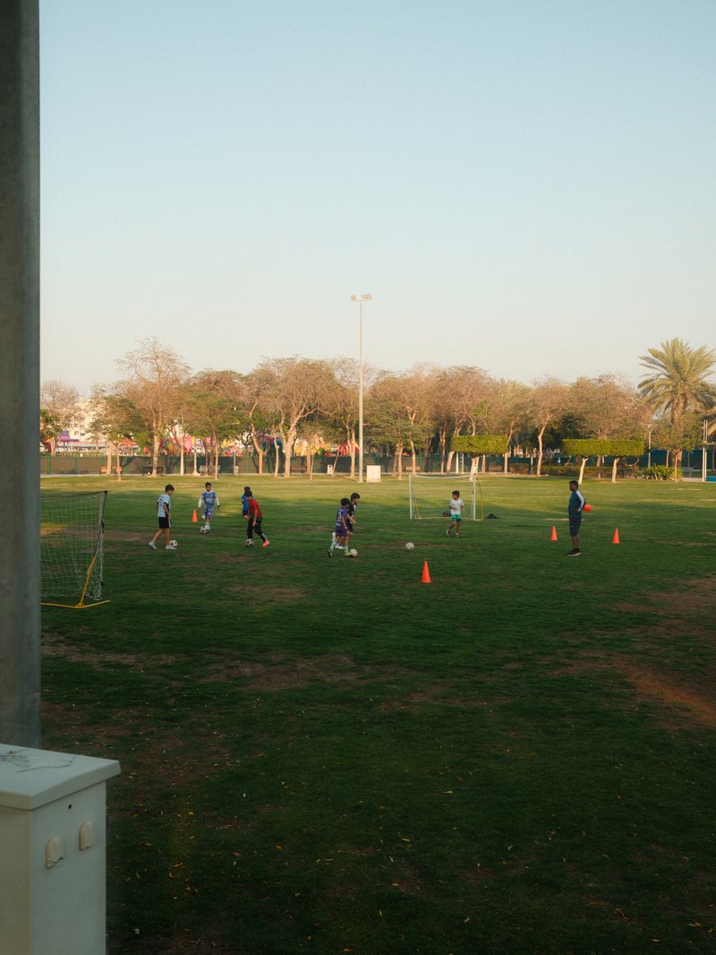 Children playing soccer on a grassy field with trees in the background under a clear sky.