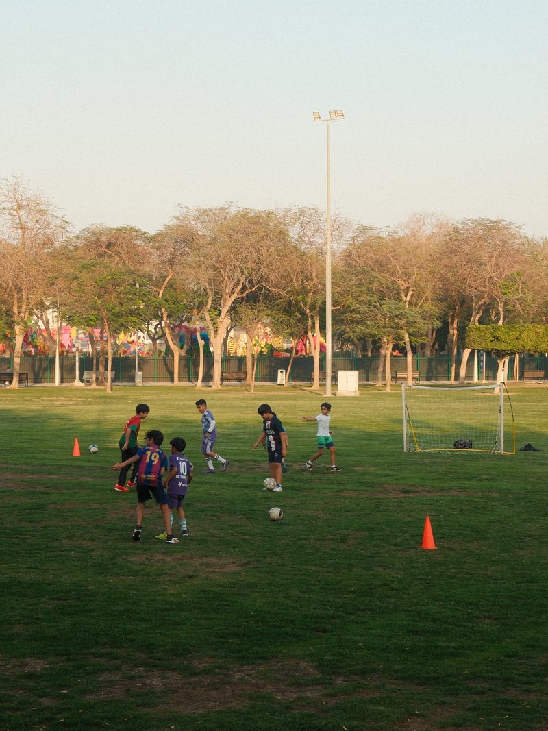 Children playing soccer on a grassy field with goalposts and trees in the background.