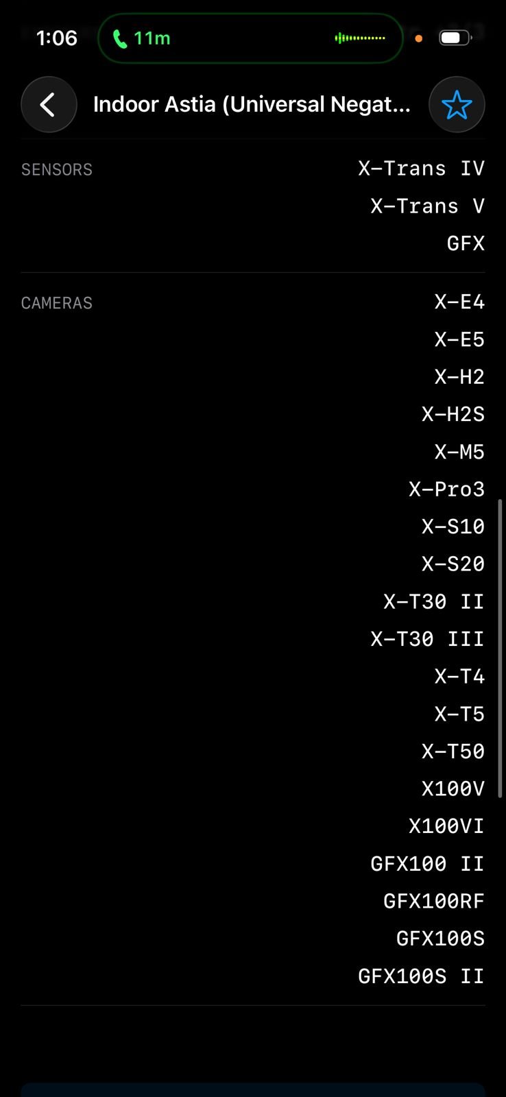 Screenshot of camera settings and film simulation recipes for Fujifilm.