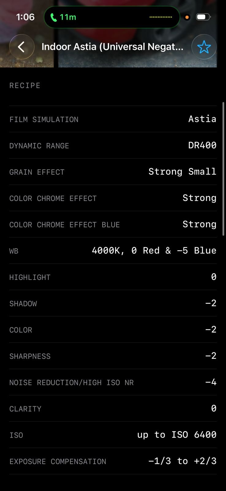 A digital display showing photo editing settings for the Astia film simulation recipe.