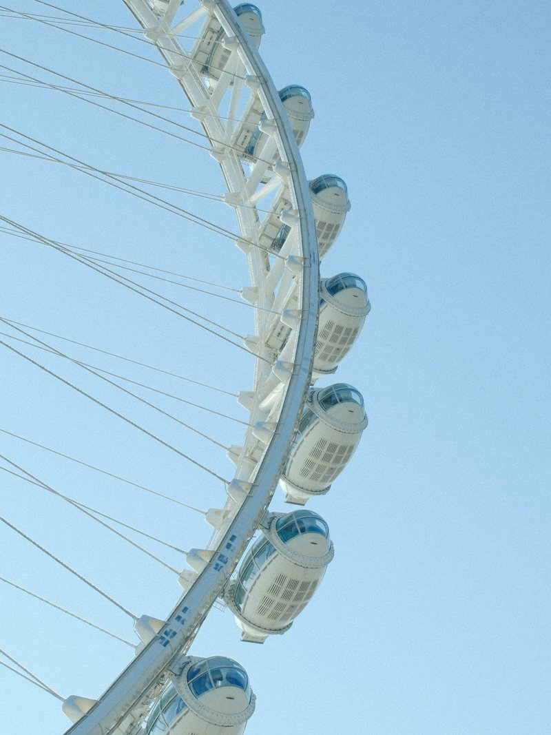 Close-up of a large ferris wheel against a clear blue sky.