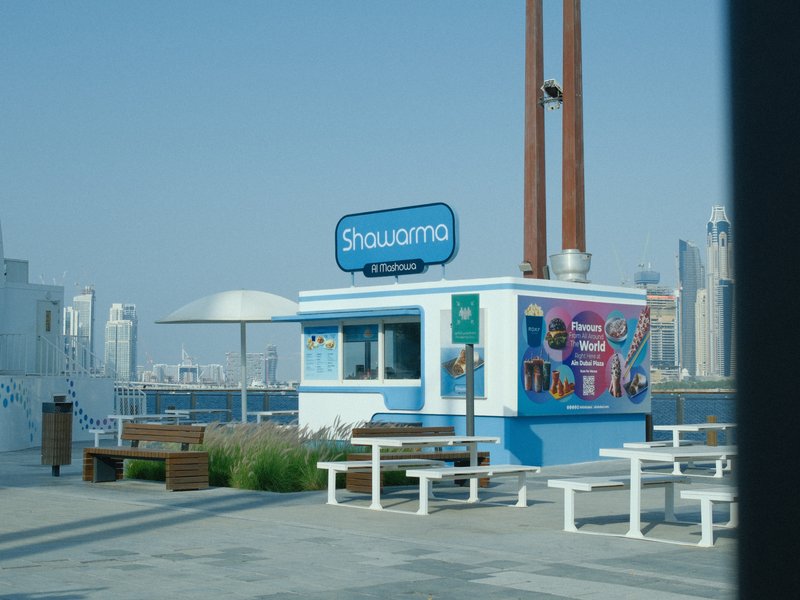 A bright blue food stall named 'Shawarma' with a city skyline in the background.