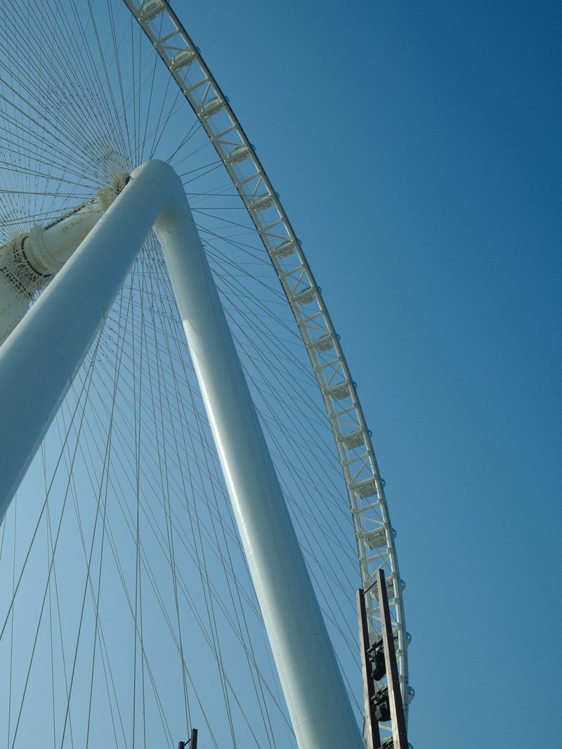 Close-up of a large white ferris wheel against a clear blue sky.