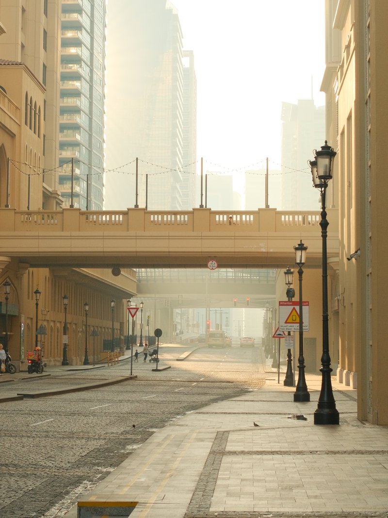A quiet urban street with a bridge overhead, buildings in the background, and soft morning light.