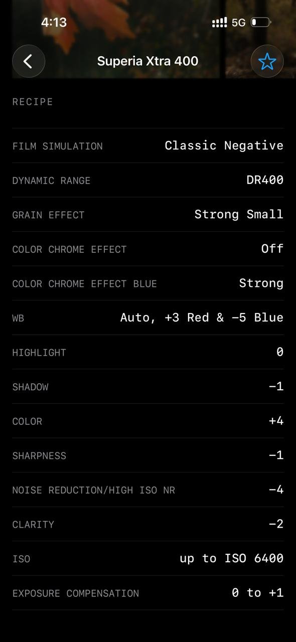 Photo editing settings for Fujifilm film simulation with details on dynamic range and grain effect.