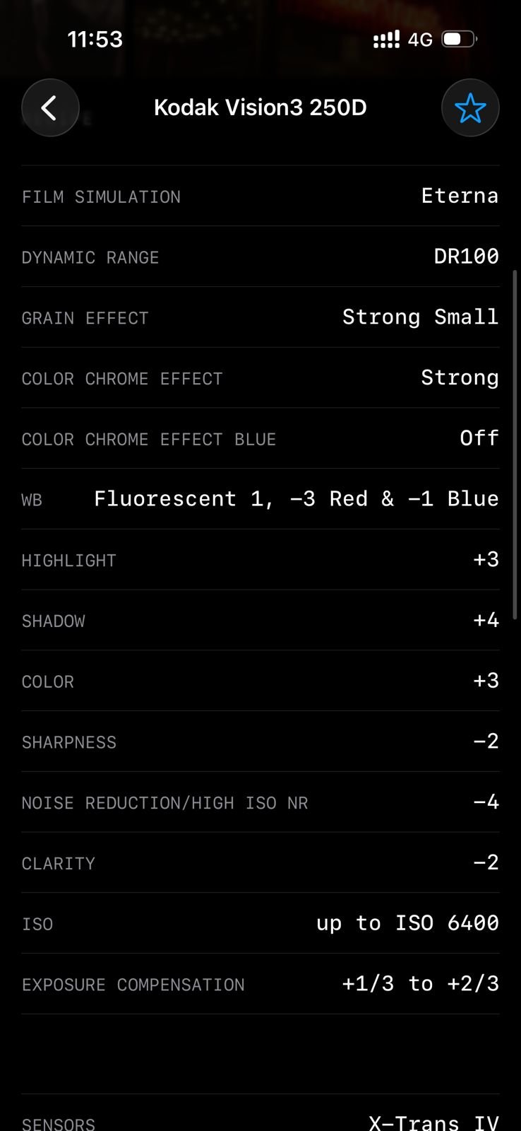 Settings for a photo edited with Kodak Vision3 250D film simulation, showing various adjustments.