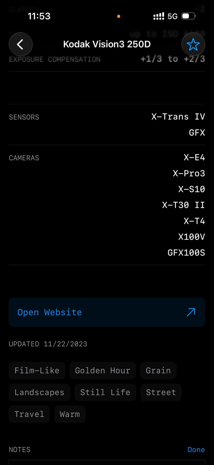 Screenshot of camera settings and film simulation details for a photo taken with various Fujifilm cameras.