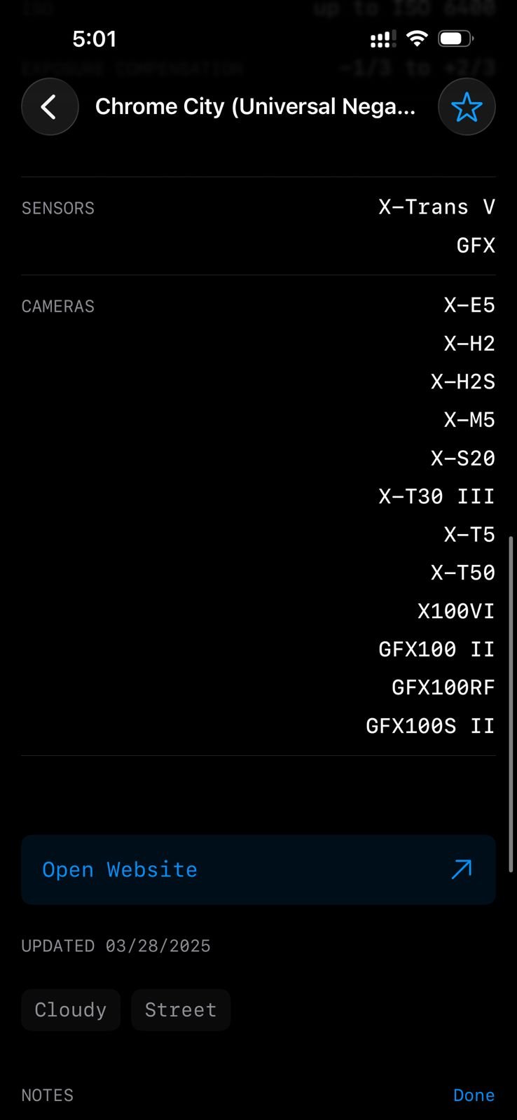 Screenshot of camera settings and specifications for Fujifilm film simulation recipes.