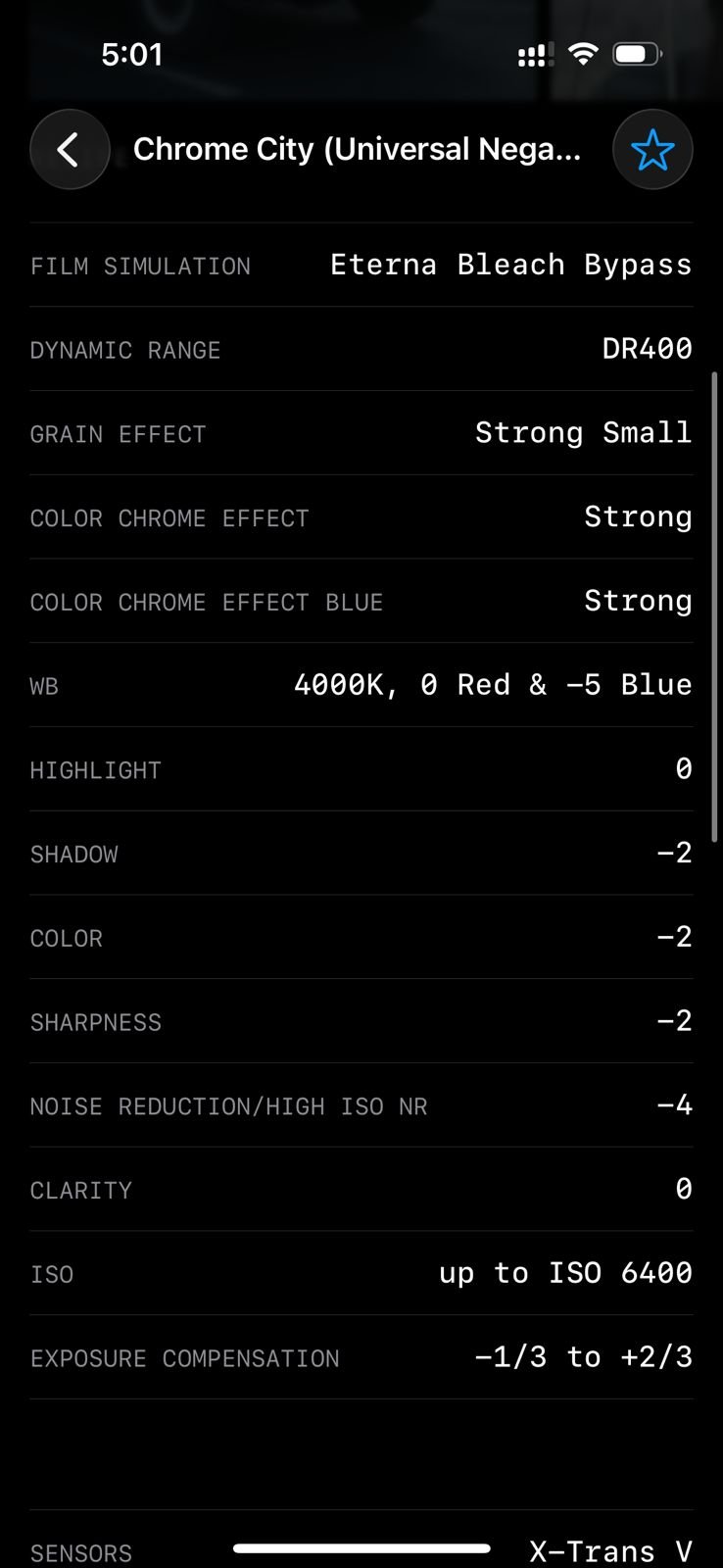 Settings for a Fujifilm film simulation recipe titled 'Chrome City' with various photographic parameters.