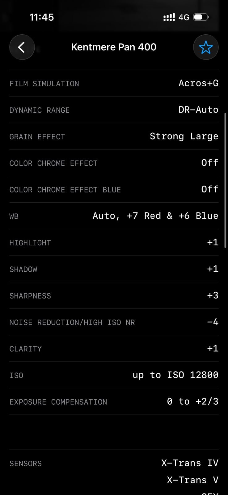 Settings display for a camera with film simulation and exposure details.