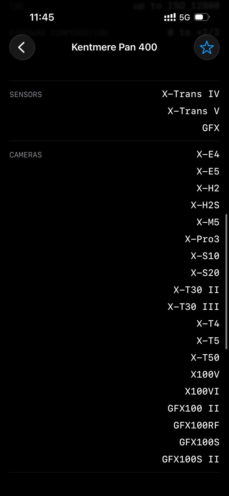 List of Fujifilm camera models and sensors displayed on a mobile device screen.
