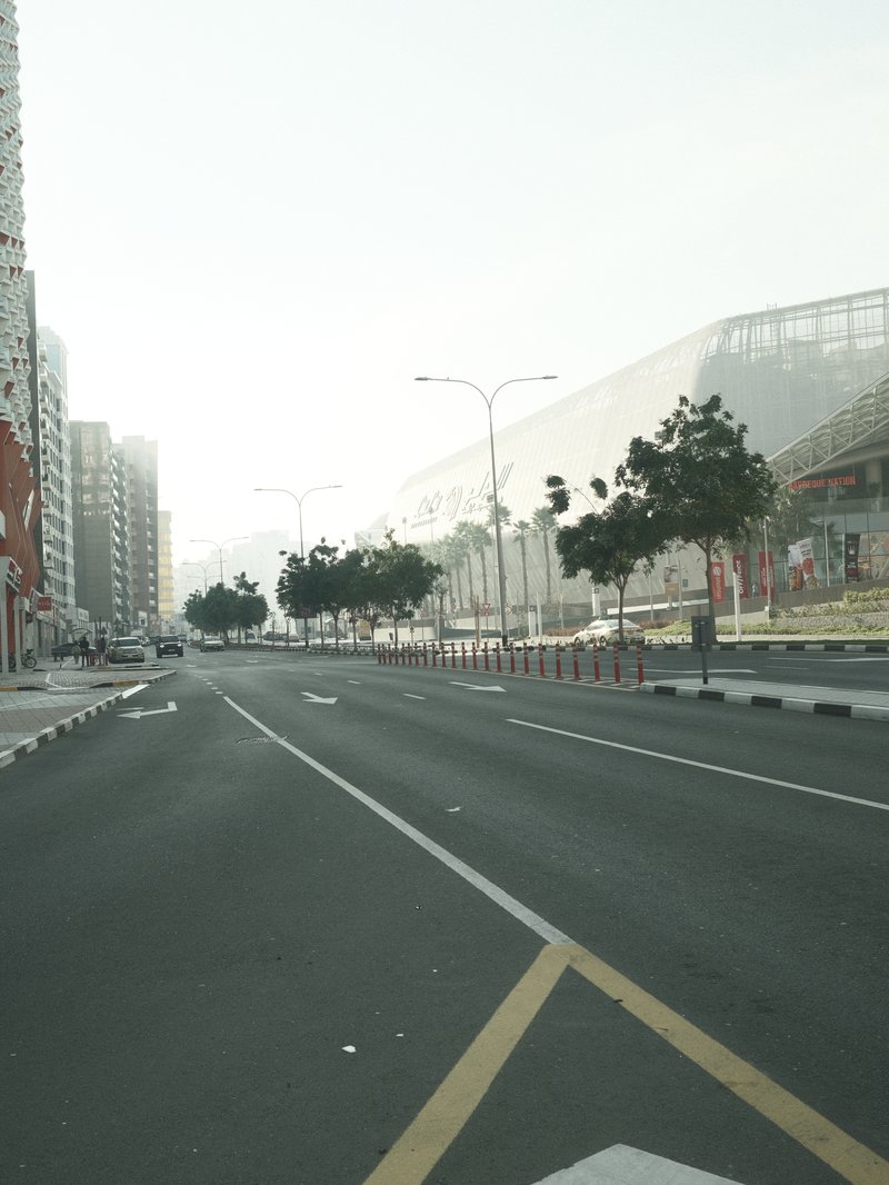 Empty urban street with trees and buildings under a hazy sky.