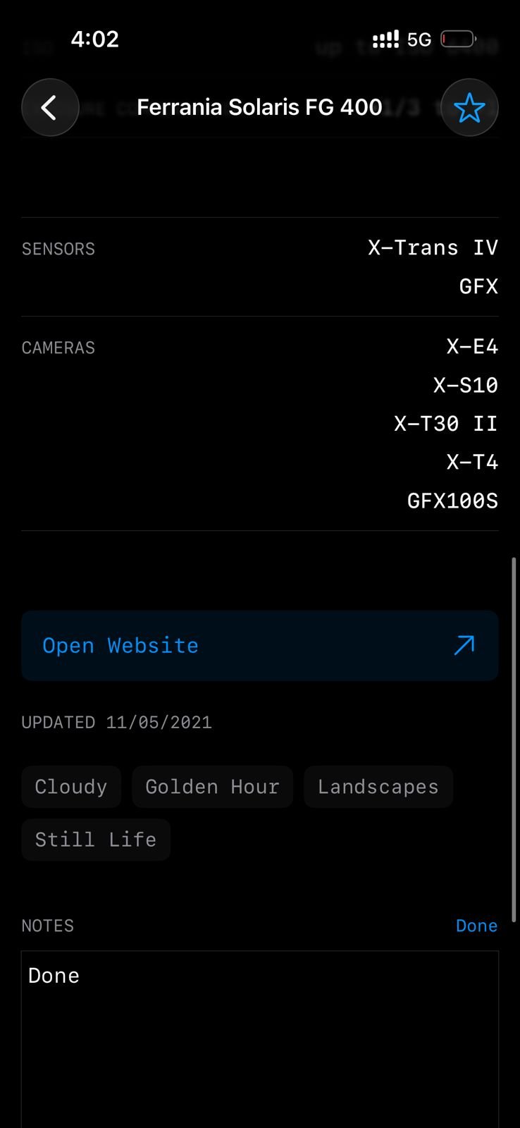 Screenshot of camera settings and film simulation details for Ferrania Solaris FG 400.