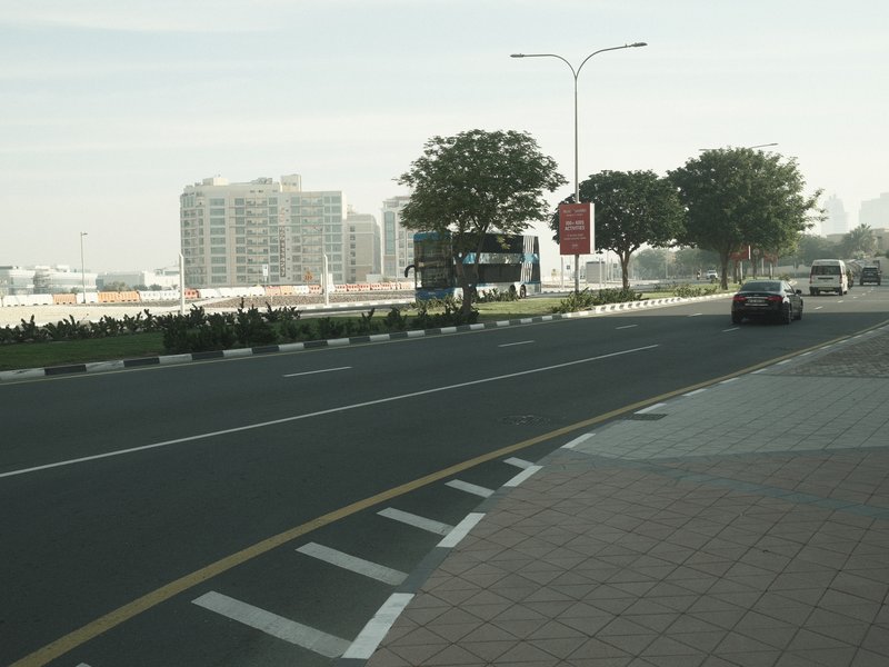 A quiet urban street scene with a road, buildings in the background, and sparse greenery.