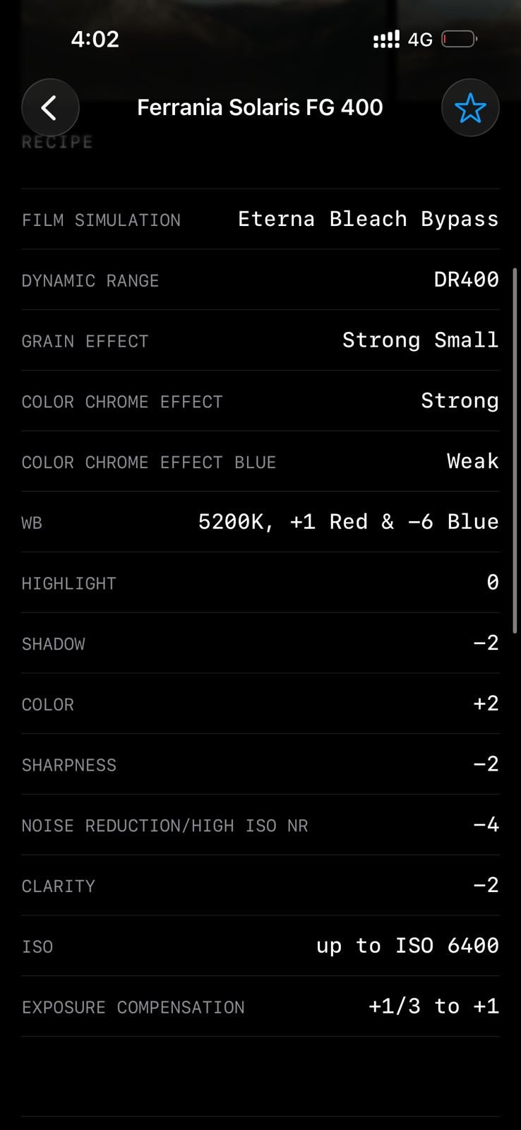 Screenshot of film simulation settings for Ferrania Solaris FG 400 with various adjustments.