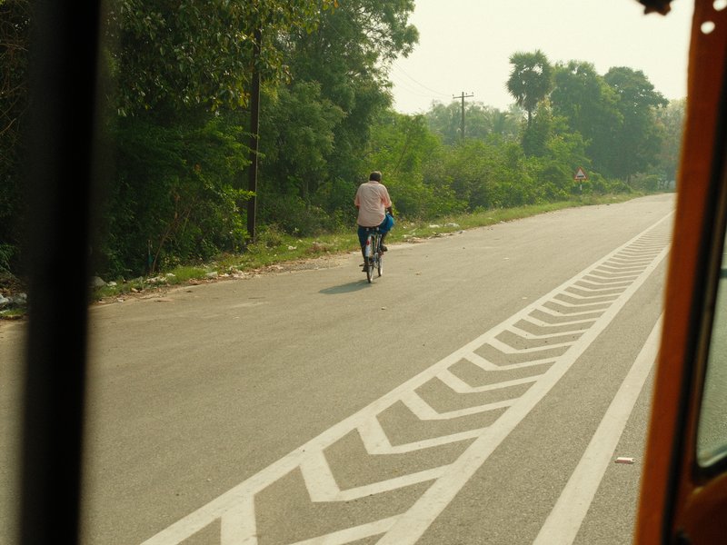 A lone cyclist riding on a quiet road surrounded by greenery, viewed from inside a vehicle.