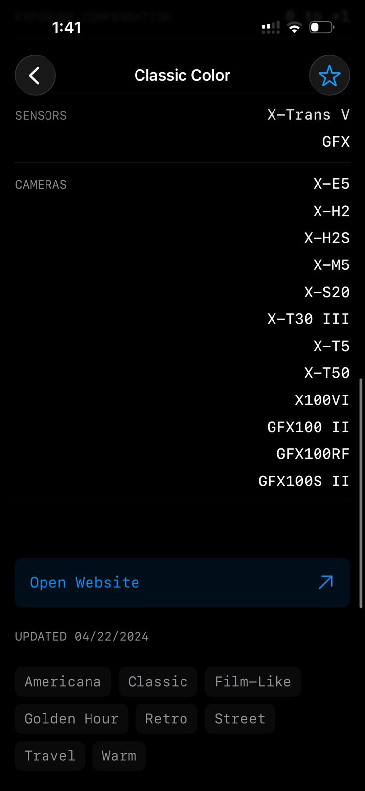 Screenshot of camera settings and film simulation options on a smartphone.
