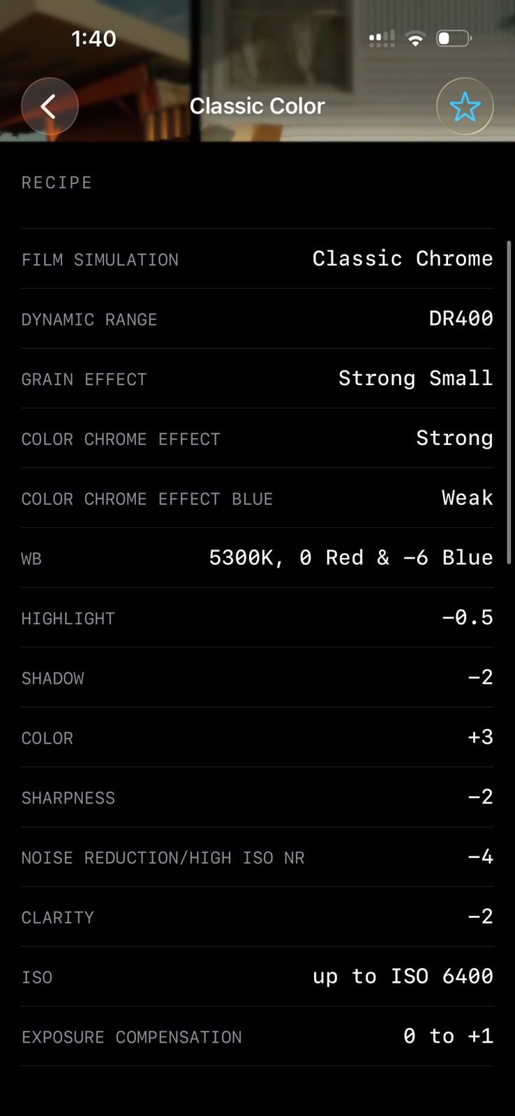 Photo editing settings for Fujifilm film simulation with Classic Chrome recipe.
