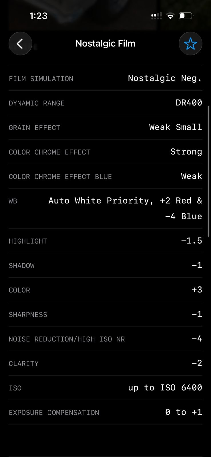 Settings for a nostalgic film simulation with various adjustments listed.
