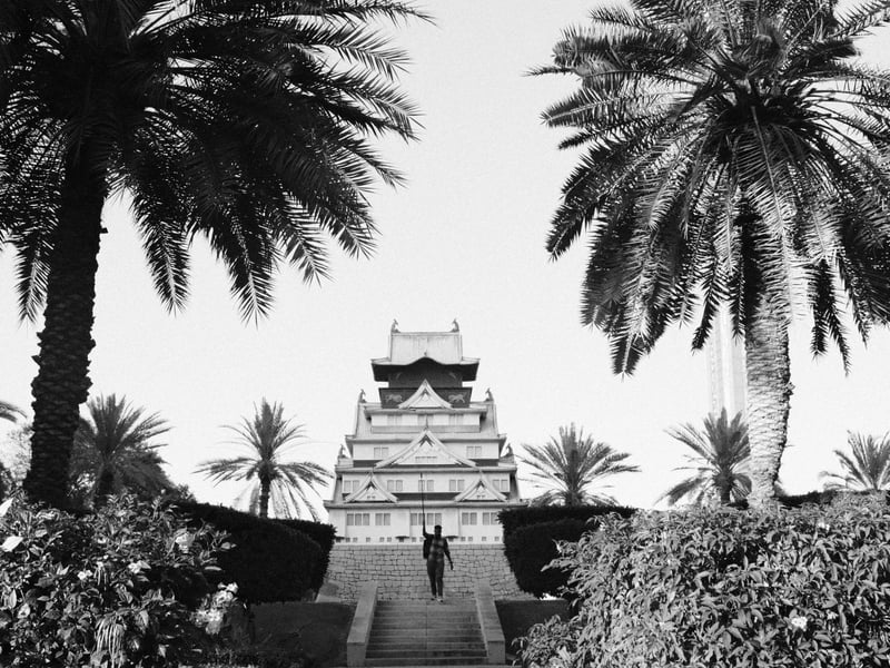 A person walking towards a traditional building surrounded by palm trees in black and white.