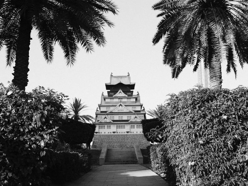 A black and white photo of a pagoda-style building surrounded by palm trees and lush greenery.