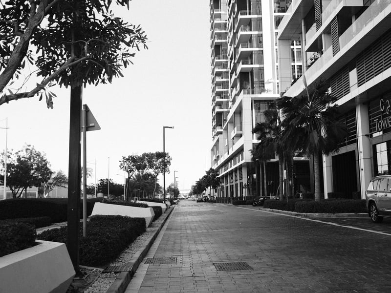 A quiet urban street lined with modern buildings and greenery under a clear sky.