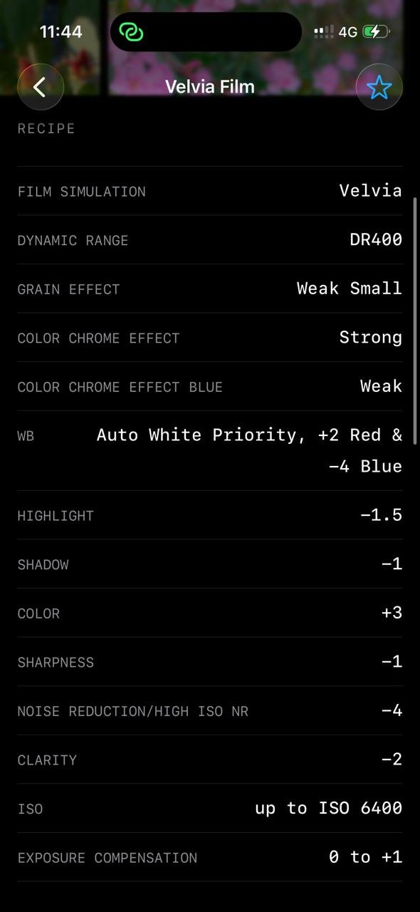 Photo editing settings for Velvia film simulation with various adjustments listed.