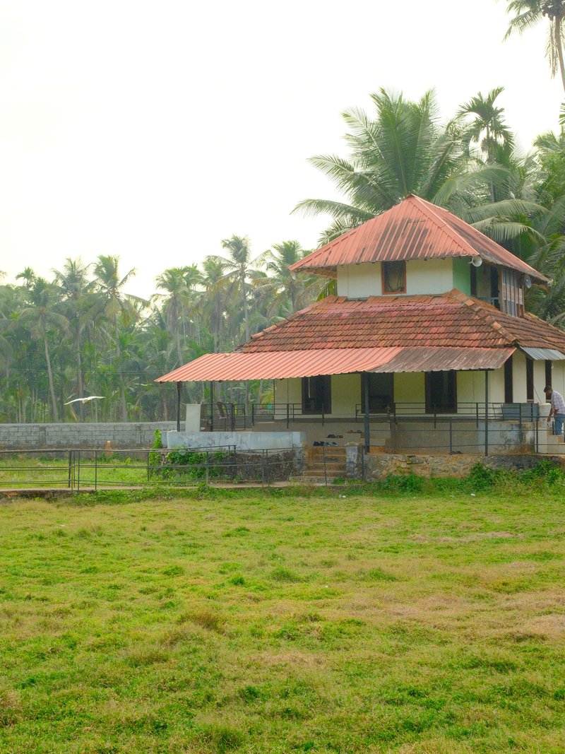 A traditional house with a red-tiled roof surrounded by lush greenery and palm trees.