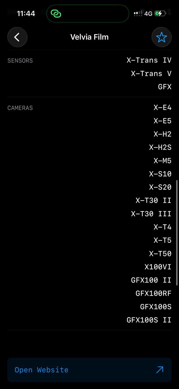 Screenshot of camera and sensor models compatible with Velvia Film simulation.