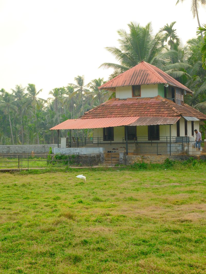 A traditional house with a red-tiled roof surrounded by lush green grass and palm trees.