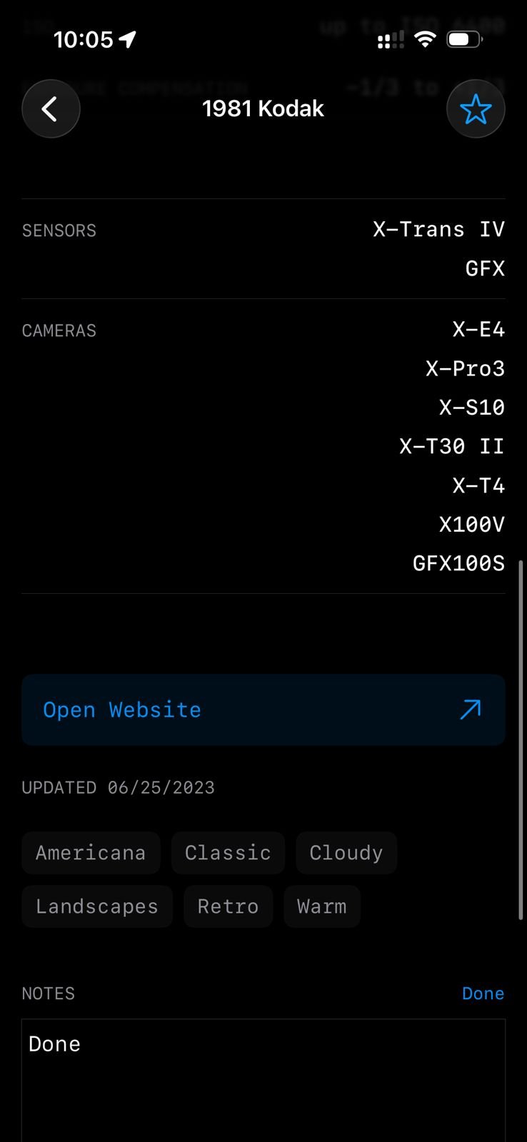 Screen displaying camera settings and film simulation details from a photography app.