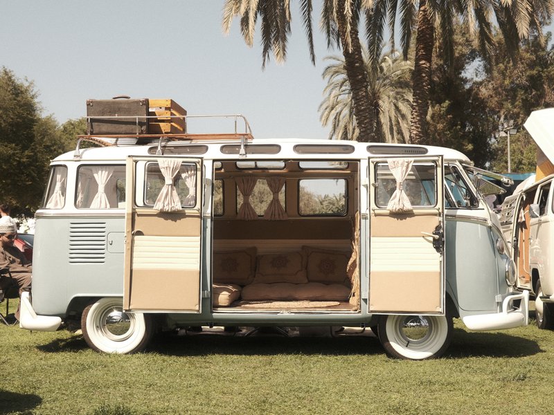 A vintage Volkswagen van parked on grass with open doors, surrounded by palm trees.