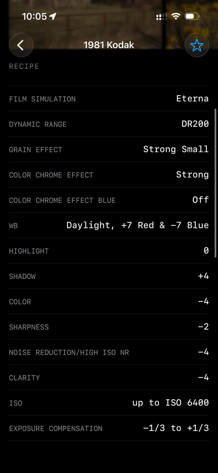 Settings for a film simulation recipe titled '1981 Kodak Eterna' with various photographic adjustments.