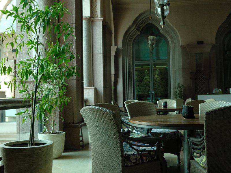 Interior of a stylish cafe with a large window, plants, and elegant furniture.