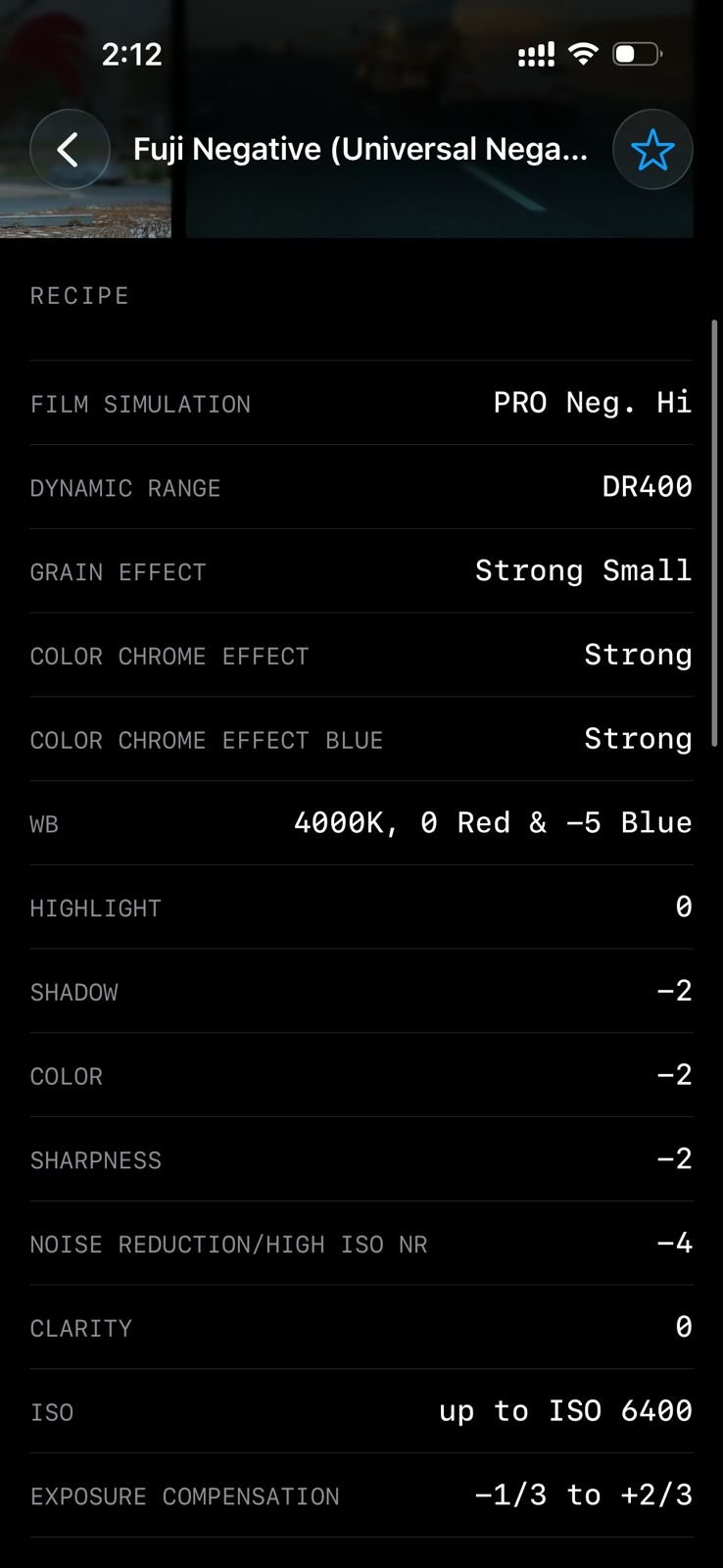 Fujifilm film simulation settings displayed on a smartphone screen.