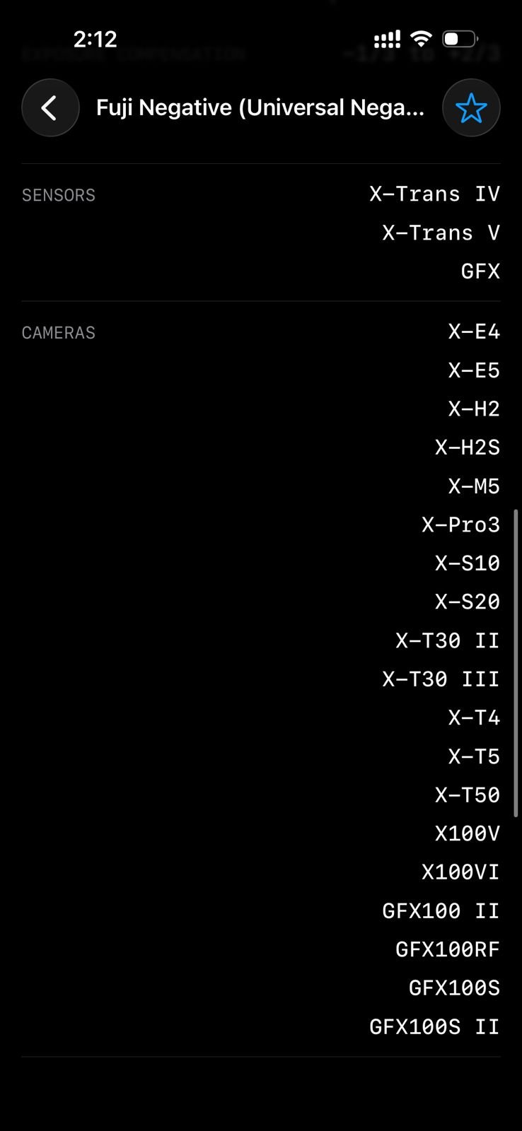 List of Fujifilm cameras and sensors with model names displayed on a mobile screen.