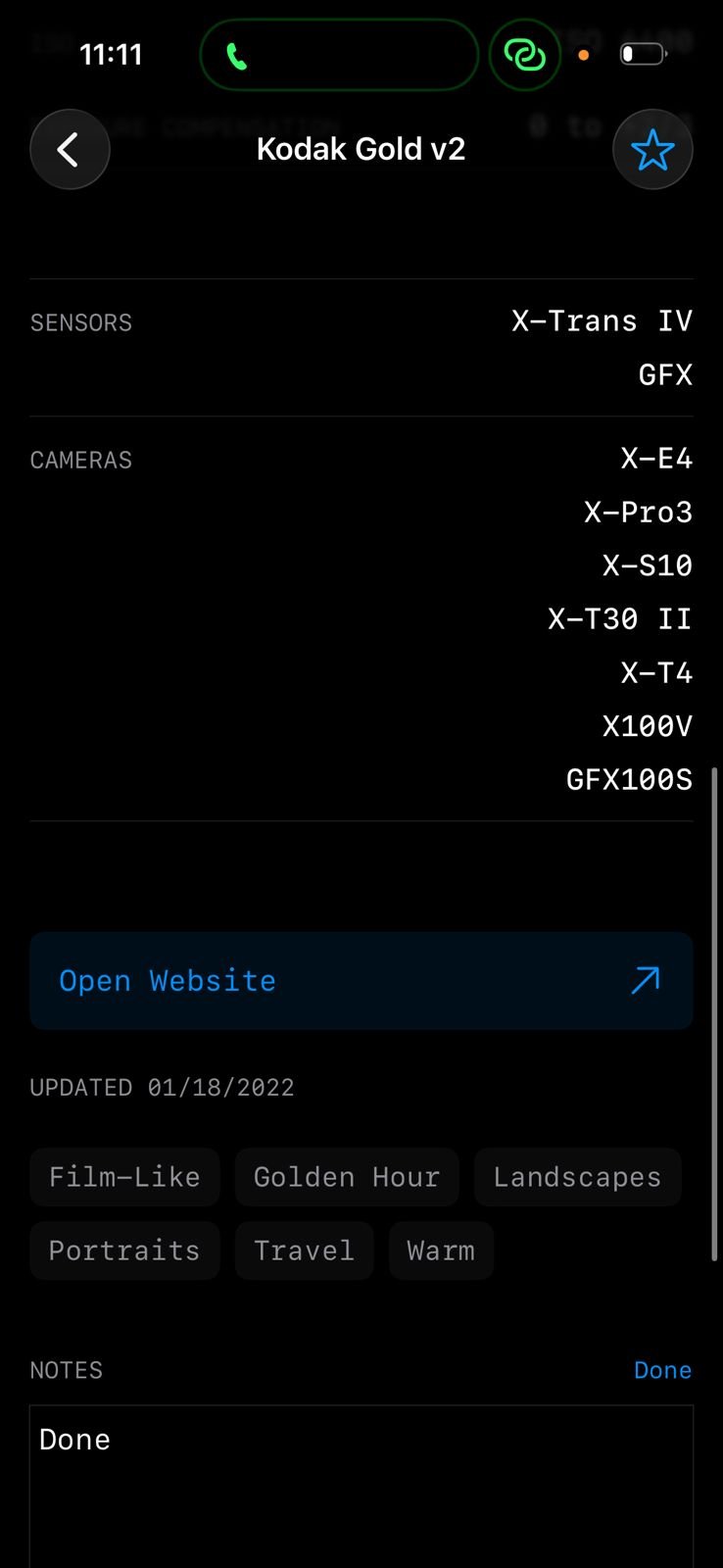 Screenshot of film simulation settings for Kodak Gold v2 with camera details and update information.