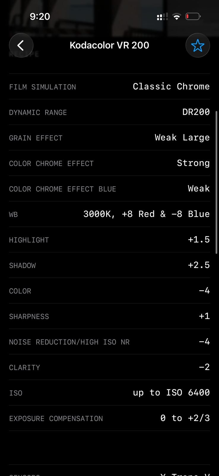 Settings for a photo edited with Fujifilm film simulation, showing various parameters and adjustments.