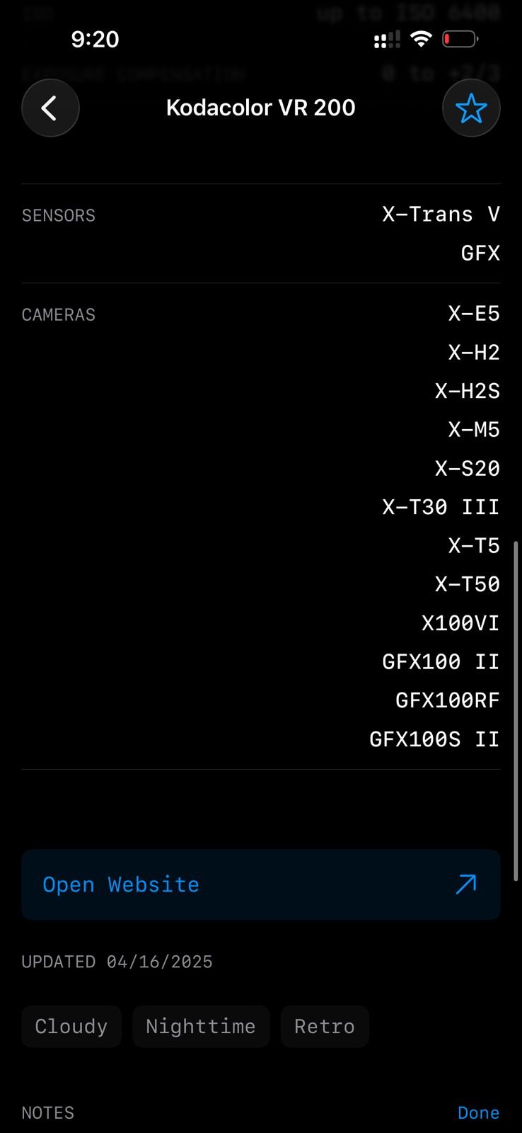Screenshot of camera settings and film simulation details with a dark background.