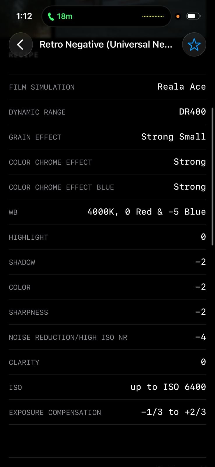 Settings for a Fujifilm film simulation recipe displayed on a mobile device screen.