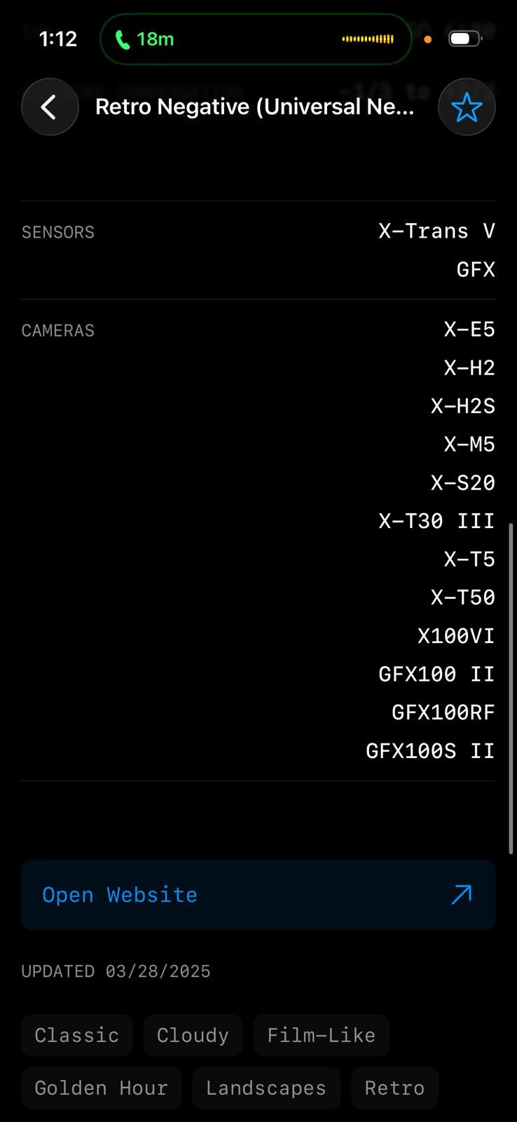 Screenshot of a mobile interface displaying camera and sensor information related to film simulation.