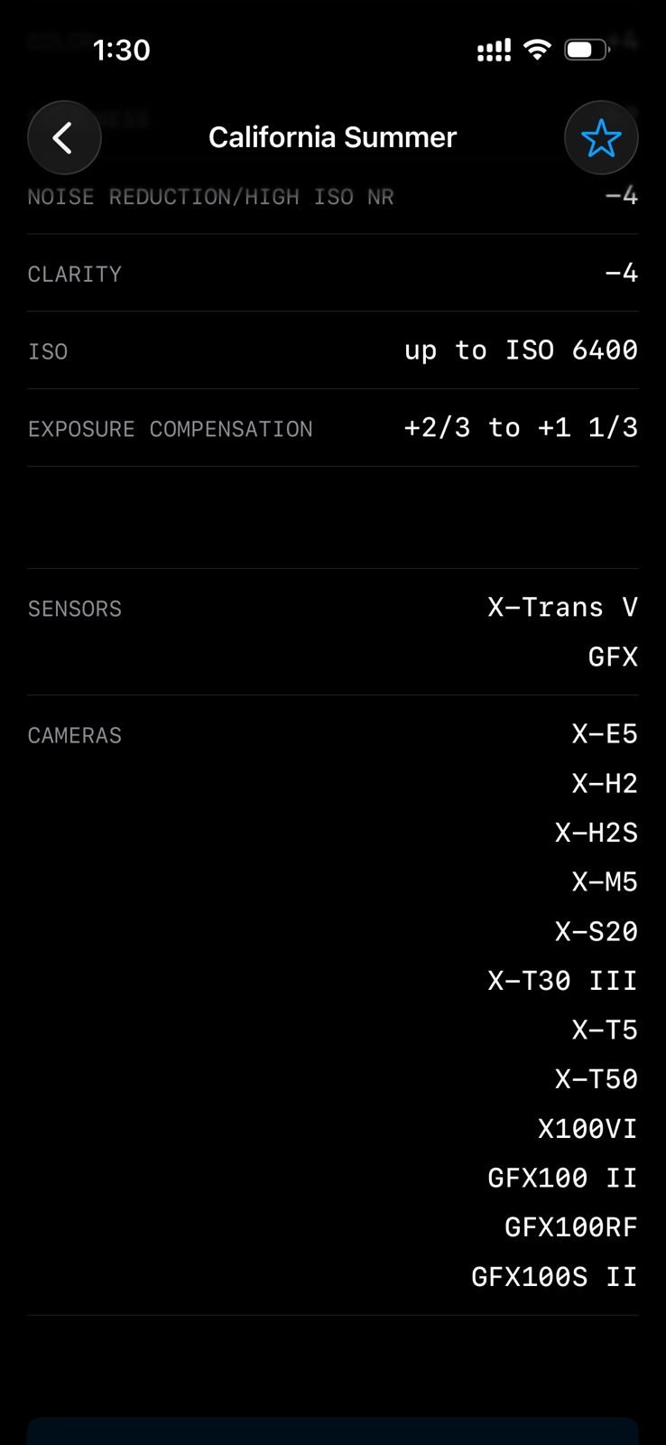 Screenshot of camera settings for a photo titled 'California Summer'.