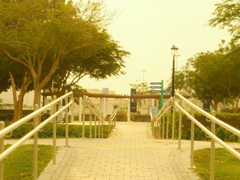 A pathway leading through a park with trees and a distant view of a signpost.
