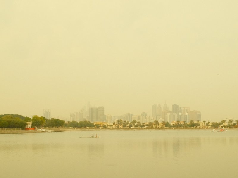 A hazy view of a city skyline reflected in a calm body of water, surrounded by greenery.