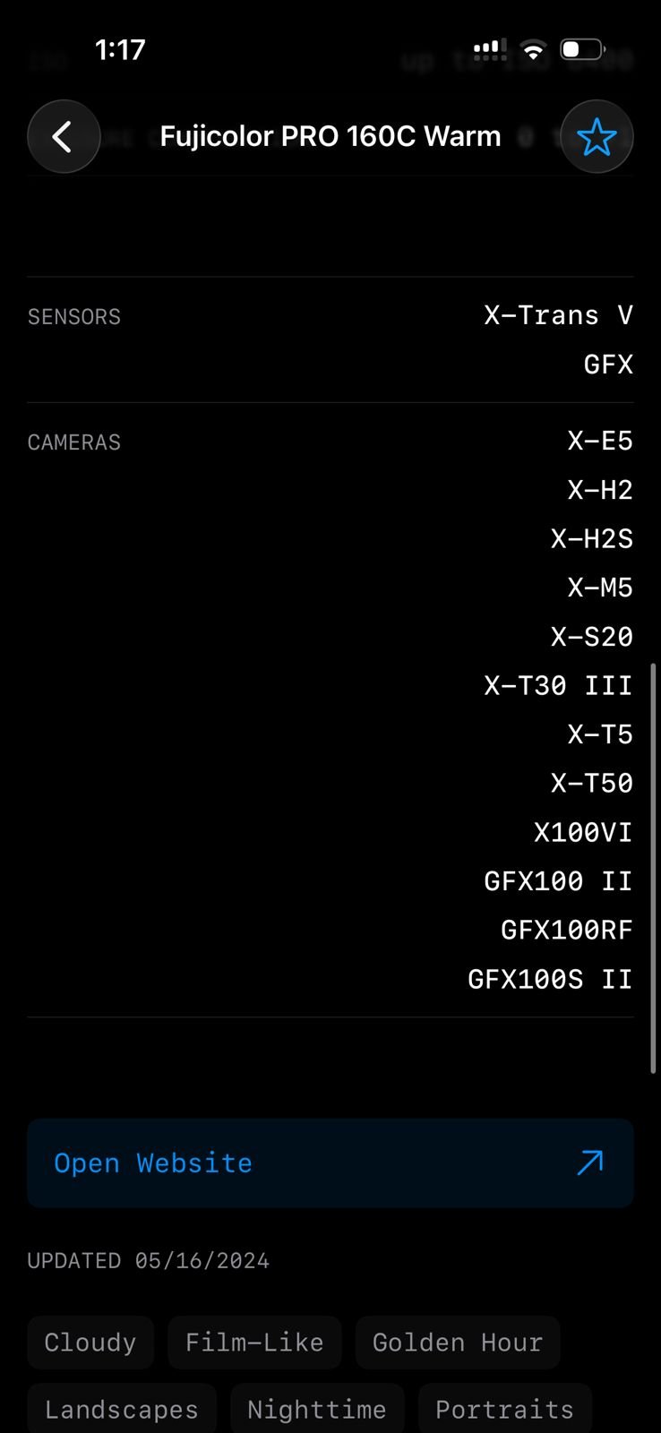 Screenshot of Fujifilm film simulation settings and camera models.