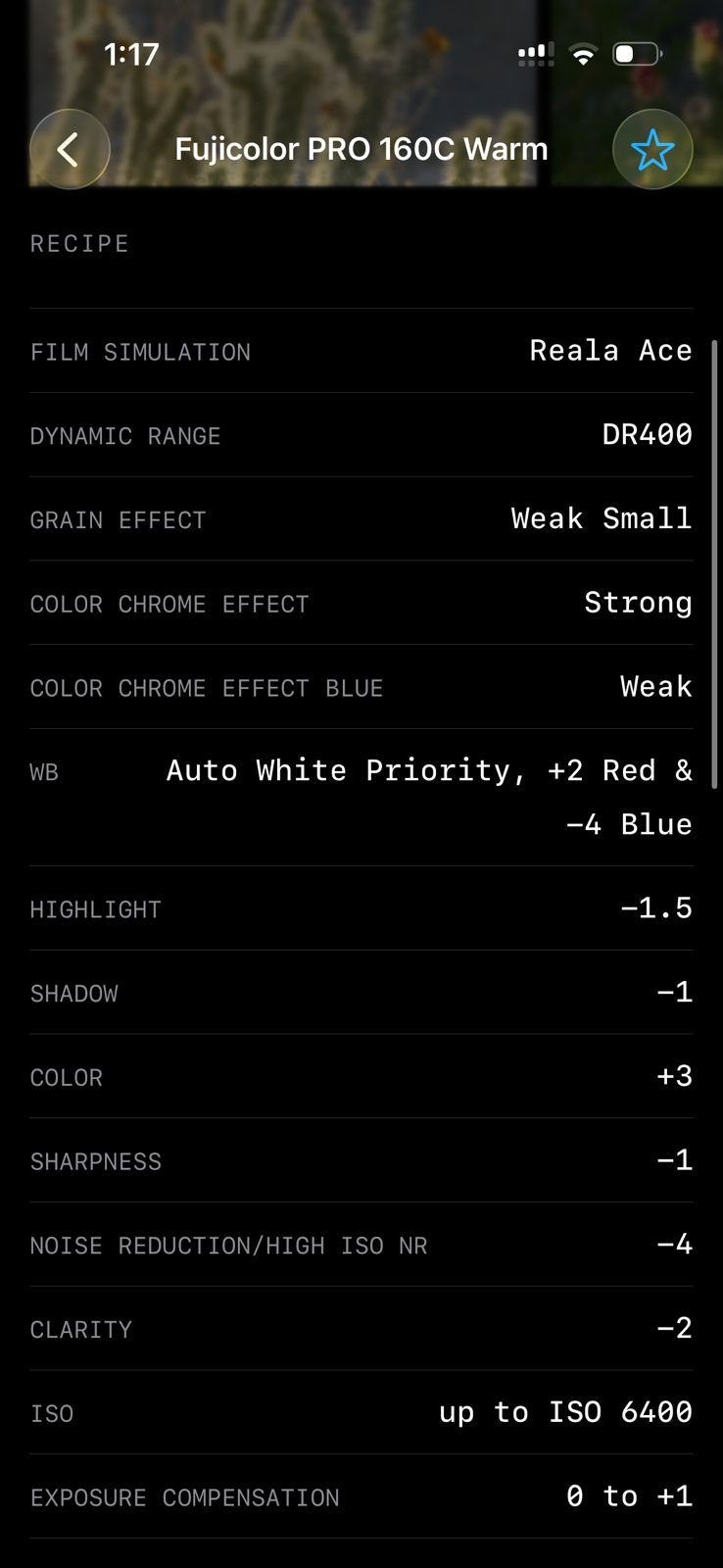 Fujifilm film simulation settings for a photo with various adjustments listed.