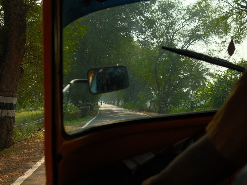 View from inside a vehicle looking out onto a winding road surrounded by greenery.