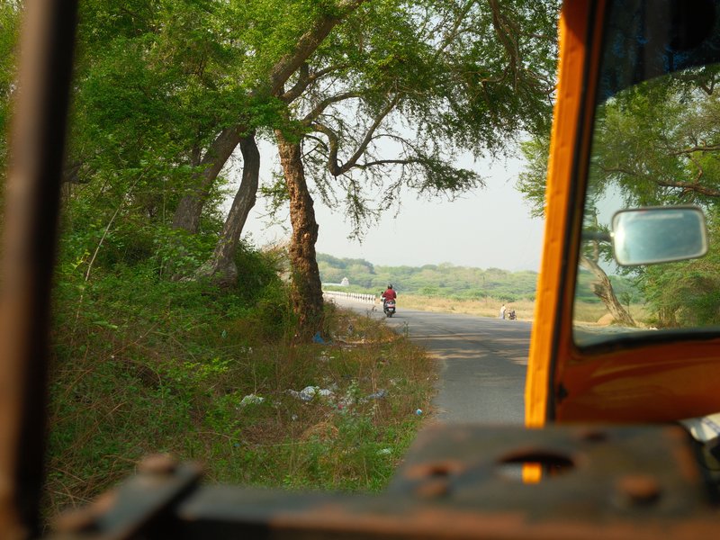 View from an auto rickshaw showing a rural road lined with trees and a cyclist in the distance.