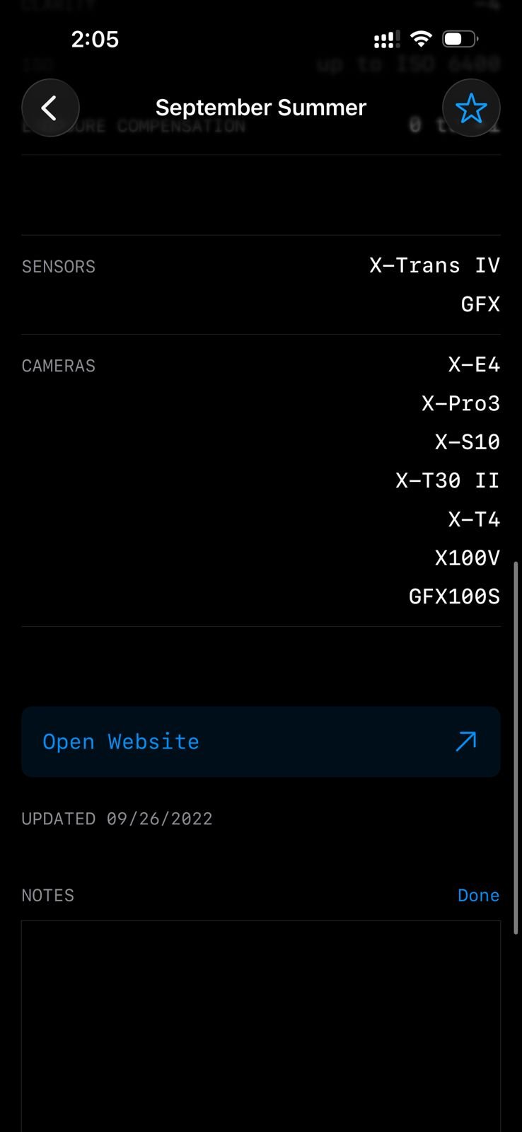 Screenshot of camera specifications and settings with a dark background.